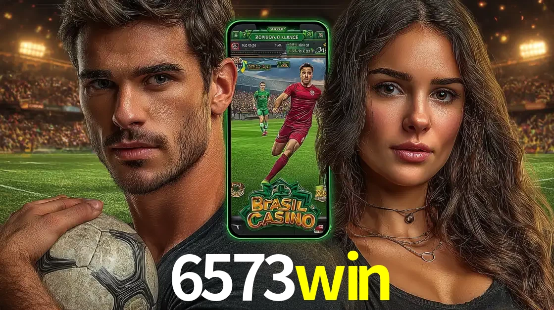 Homem segurando uma bola de futebol e uma mulher ao lado de um smartphone exibindo o jogo de apostas esportivas da 6573win. Faça seu palpite no cassino online.